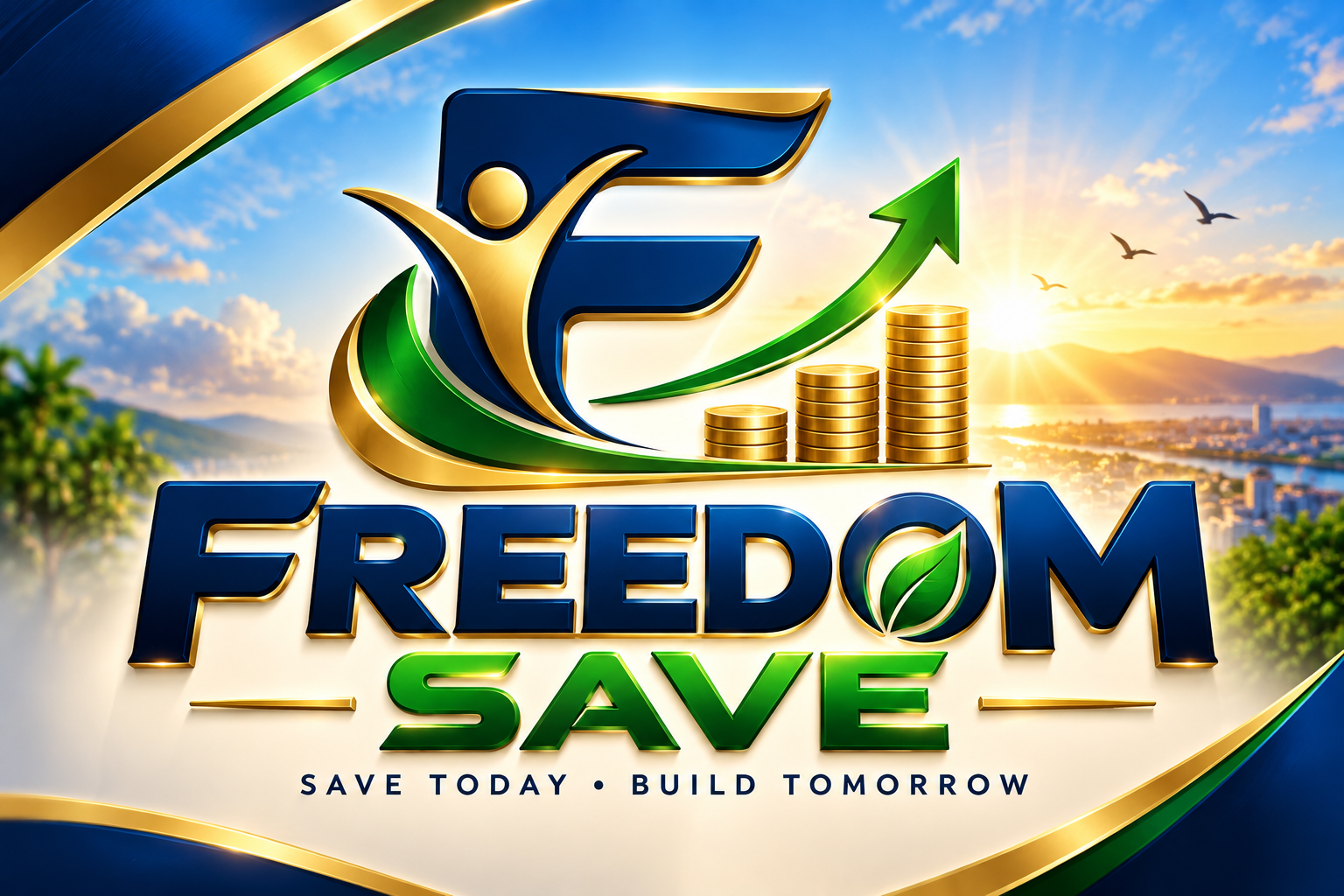 Freedom Save: navy and gold F, green growth arrow and gold savings coins. Save today. Build tomorrow.